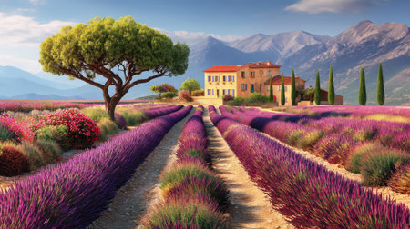 Experience the tranquility of serene lavender fields, showcasing a rustic house nestled against majestic mountains under a bright blue sky.の素材