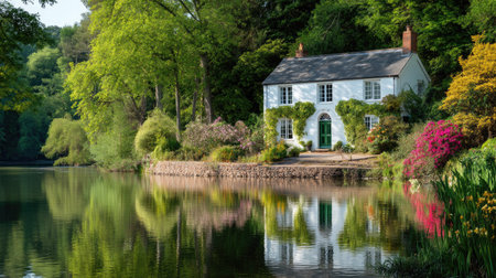 A charming cottage by the lake nestled amid vibrant flowers and lush greenery. This idyllic scene captures the beauty of nature and tranquility.の素材