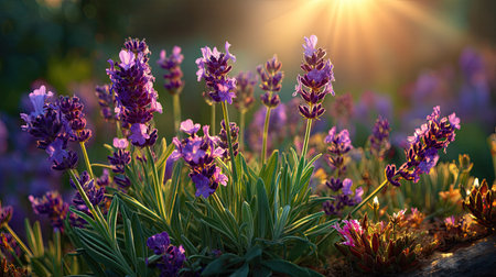 A stunning display of vibrant lavender flowers illuminated by soft morning light, creating a serene atmosphere perfect for relaxation and nature appreciation.の素材