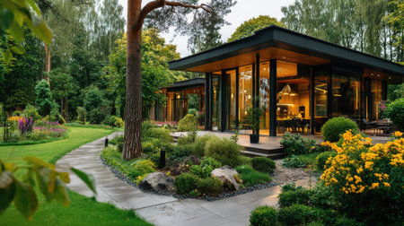 A contemporary house situated in a vibrant garden, featuring a beautiful pathway, colorful flowers, and lush greenery, creating a serene outdoor retreat.の素材