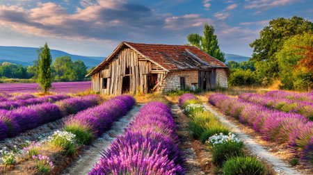 A stunning view of vibrant lavender fields surrounding an old, abandoned barn under a picturesque sunset sky. This tranquil rural landscape captures the beauty of nature.の素材