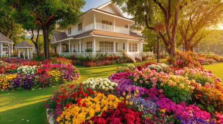 A captivating garden filled with vibrant flowers surrounds a charming house. The morning light enhances the lush greenery, creating a serene outdoor scene perfect for relaxation.の素材