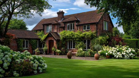 A picturesque red brick house draped in greenery, set amidst a vibrant garden filled with blooming flowers. Perfect for showcasing rural tranquility.の素材