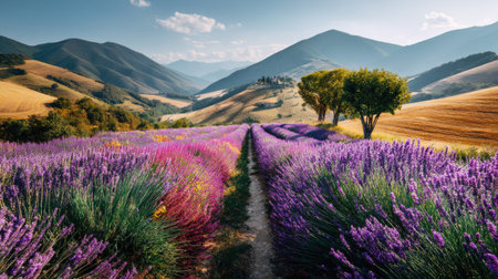 Experience the breathtaking beauty of blooming lavender fields beneath expansive blue skies and rolling mountains, perfect for nature lovers.の素材