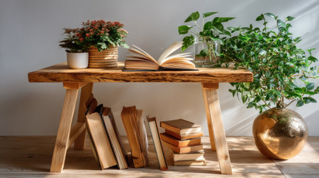 A cozy home reading nook featuring an open book, vibrant plants, and a stylish wooden table under soft natural light, ideal for relaxation and inspiration.の素材