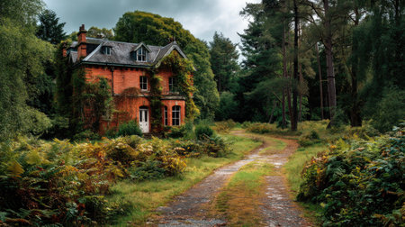 An abandoned vintage house, enveloped by lush greenery and an overgrown pathway, creates an eerie yet tranquil atmosphere in this serene forest setting.の素材
