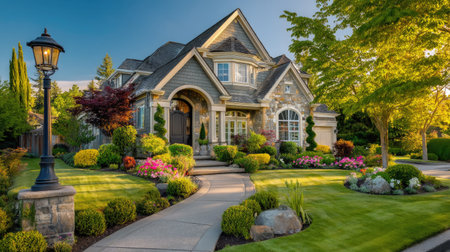 This stunning image showcases a beautiful suburban home surrounded by a vibrant garden full of colorful flowers and lush greenery, creating a serene and inviting atmosphere.の素材