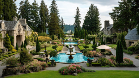 Experience the tranquility of a luxurious garden setting featuring elegant fountains, vibrant flowers, and lush greenery, perfect for relaxation or photography.の素材