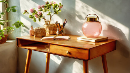 A cozy workspace featuring a stylish wooden desk adorned with fresh flowers, stationery, and a soft pink glass jar, illuminated by gentle natural light.の素材
