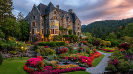This captivating image features a magnificent stone mansion nestled among vibrant flower gardens at sunset. The lush landscape creates a serene ambiance, perfect for relaxation.の素材