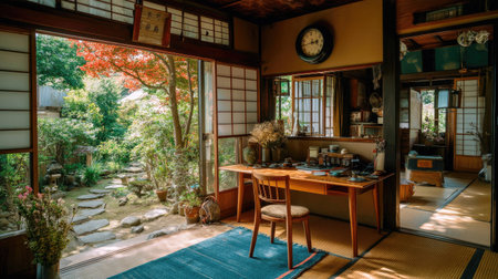 This image captures a serene Japanese interior with a view of a tranquil garden, featuring warm natural light and traditional decor elements.の素材