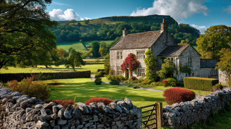 A charming countryside home nestled amidst lush greenery and scenic hills, offering a picturesque view under a bright blue sky. The property features vibrant gardens and traditional architecture, perfect for relaxation and enjoyment of nature.の素材