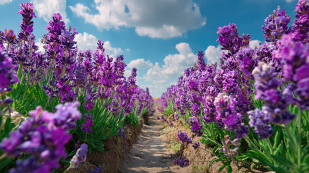 A stunning view of vibrant lavender flowers lining a pathway, under a bright blue sky dotted with fluffy white clouds. This serene landscape captures the essence of springtime beauty.の素材