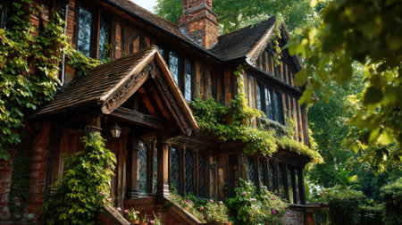 This captivating image showcases a charming cottage enveloped in vibrant greenery, surrounded by a serene garden and bathed in sunlight.の素材