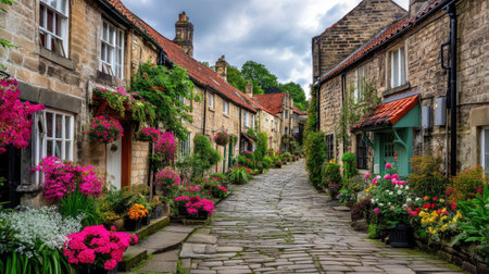 A charming cobblestone street lined with vibrant flowering houses creates a picturesque scene evoking the beauty of rural life and peaceful surroundings.の素材