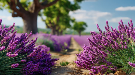 A serene scene featuring a vibrant lavender field with rich purple blooms stretching towards the horizon, framed by lush green trees under a bright blue sky.の素材