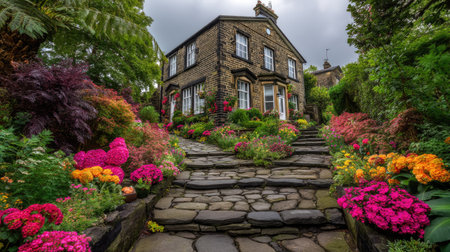 A picturesque stone house is beautifully framed by a vibrant garden full of colorful flowers and lush greenery, creating a tranquil outdoor setting.の素材