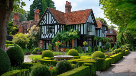 This elegant Tudor-style house, embraced by vibrant gardens, showcases artful topiary, flowering plants, and a serene pathway, perfect for nature lovers.の素材
