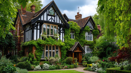This captivating Tudor-style house is beautifully enveloped in lush greenery, complemented by a vibrant flower garden, offering a serene outdoor retreat.の素材