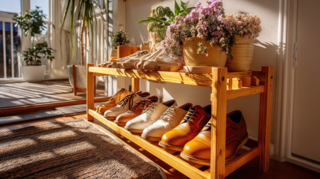 A beautifully arranged entryway featuring a wooden shoe rack filled with various stylish shoes, accompanied by vibrant flowers in cozy pots and ample natural light.の素材