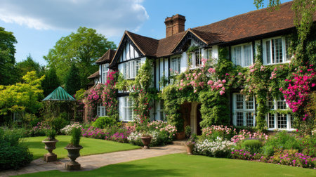 This captivating image showcases a charming English country house adorned with lush gardens and vibrant flowers, creating a serene and inviting atmosphere.の素材