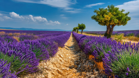 A breathtaking landscape featuring endless rows of vibrant lavender flowers under a clear blue sky. This scenic view captures the charm of rural countryside, inviting visitors to explore its tranquil beauty.の素材