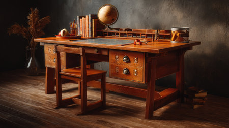 A beautifully crafted vintage wooden desk set in a cozy study room, featuring a globe, stationery, and books, creating an inspiring workspace for creativity.の素材