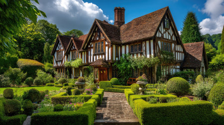 A picturesque Tudor-style house nestled amidst a vibrant garden features meticulously trimmed hedges and colorful flowers under a bright blue sky.の素材