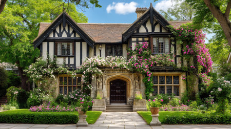 A captivating Tudor-style house surrounded by vibrant flowers and lush greenery, offering an inviting and serene ambiance in a picturesque setting.の素材