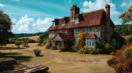 This image features a picturesque countryside home nestled in a scenic landscape, with bright greenery and a beautiful blue sky creating a serene atmosphere.の素材