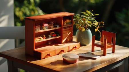 A beautiful wooden dollhouse furniture set displayed on a sunlit table. The warm light highlights the craftsmanship and colorful accessories, evoking nostalgia and creativity.の素材
