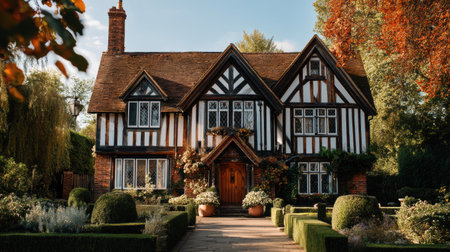 A stunning Tudor-style house showcases intricate designs and a vibrant garden. Autumn foliage accents the scene, creating a serene outdoor oasis.の素材