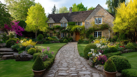 Charming stone cottage framed by colorful flowers and lush gardens, invites tranquility and peace in a scenic outdoor landscape, perfect for relaxation.の素材