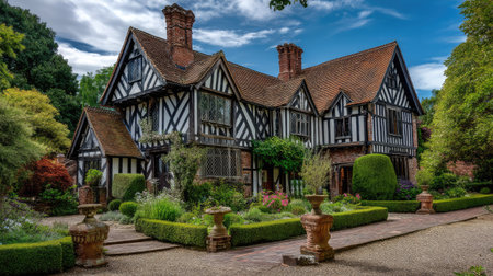 A stunning Tudor-style house features intricate architecture surrounded by well-manicured gardens and vibrant flowers, creating a picturesque scene.の素材
