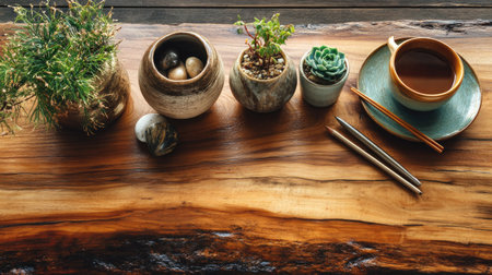 This serene still life captures the essence of minimalism with potted plants, smooth stones, and a cup of tea arranged on a rustic wooden table.の素材