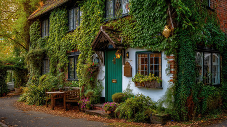 A picturesque ivy-covered cottage sits beautifully in a serene neighborhood, showcasing lush foliage and vibrant flowers, inviting a peaceful atmosphere.の素材