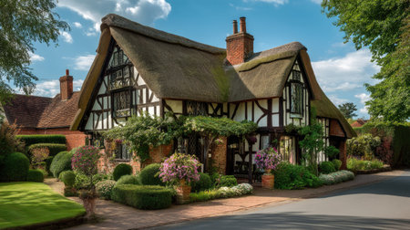 An enchanting view of a traditional English cottage, featuring a thatched roof and beautiful gardens filled with vibrant flowers, creating a peaceful atmosphere.の素材