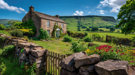 A charming countryside cottage nestled among lush green hills and colorful gardens. Bright sunlight illuminates the tranquil landscape, offering a serene escape into nature.の素材