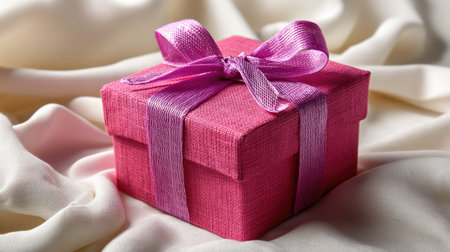 A vibrant pink gift box elegantly wrapped in a purple ribbon sits atop a soft cream fabric, creating a charming scene perfect for celebrations and special moments.の素材