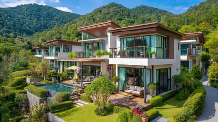 Explore these stunning luxury villas set against breathtaking mountain scenery, featuring elegant outdoor spaces and a serene swimming pool, perfect for relaxation.の素材