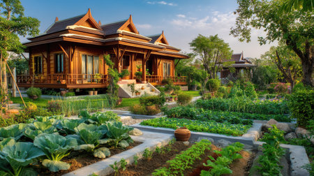 This stunning image features a traditional wooden house set amidst a vibrant garden, showcasing an array of fresh vegetables and lush greenery, emphasizing peace and tranquility.の素材