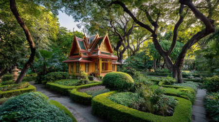 A stunning view of a traditional Thai house nestled among lush green gardens and vibrant trees, creating a peaceful and serene atmosphere in a park setting.の素材