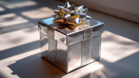 A beautifully wrapped silver gift box with an elegant golden bow resting on a sunlit surface, creating a warm and festive vibe perfect for celebrations.の素材