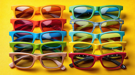 A vibrant collection of colorful sunglasses arranged on a bright yellow background, perfect for conveying the essence of summer fashion and style.の素材