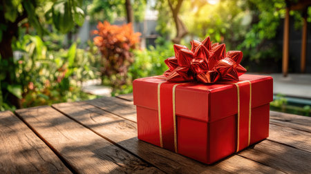 A vibrant red gift box adorned with a golden ribbon and shiny bow is showcased outdoors, surrounded by lush greenery and soft sunlight, evoking joy.の素材
