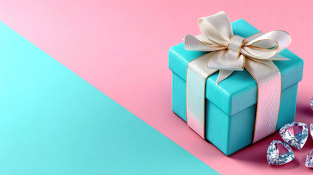 A stunning turquoise gift box adorned with a satin ribbon sits on a pastel background, complemented by decorative gems, ideal for celebrations.の素材
