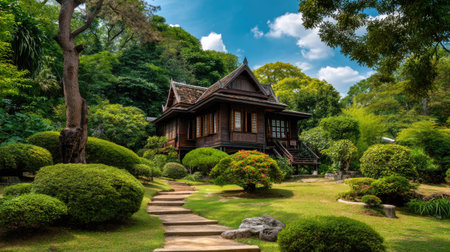 A charming wooden house is nestled in a vibrant garden filled with trimmed greenery and well-defined pathways, creating a serene outdoor retreat.の素材