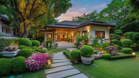 A beautiful modern house surrounded by a vibrant garden filled with colorful flowers and lush greenery, perfect for relaxation and tranquility.の素材