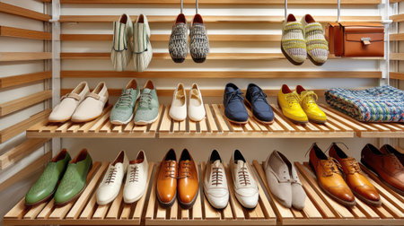 A vibrant display of stylish shoes in a modern retail environment, featuring a diverse range of colors, materials, and designs that cater to fashion lovers.の素材