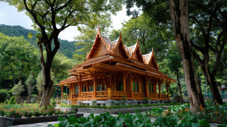 A stunning traditional Thai wooden house stands in a vibrant park, surrounded by lush greenery and colorful flowers, showcasing unique architecture and craftsmanship.の素材